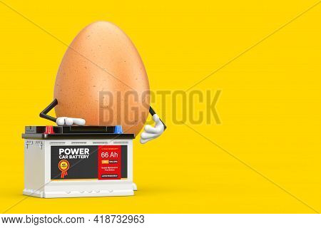 Brown Chicken Egg Person Character Mascot And Rechargeable Car Battery 12v Accumulator With Abstract