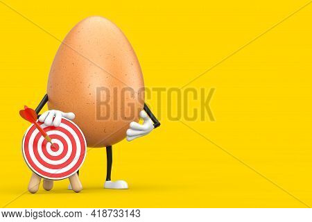 Brown Chicken Egg Person Character Mascot With  Archery Target And Dart In Center On A Yellow Backgr