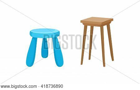 Stool As Backless Chair And Seat Furniture With Three And Four Legs Vector Set