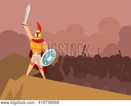 Greek God Of War Leading Angry Army Of Ancient Armored Warriors. Cartoon Vector Illustration. Mars I