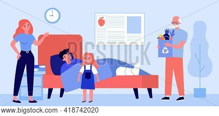 Cartoon Relatives Visiting Young Man With Broken Leg. Flat Vector Illustration. Father, Wife, Daught