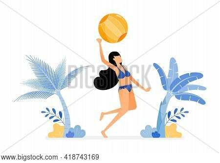 Holiday Illustrations Of Women In Sexy Swimsuits Jump Smash Hit A Volleyball In Beachside . Stress R