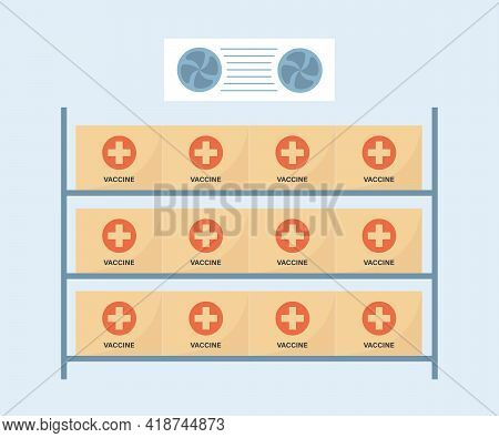 Coronavirus Vaccine Storage Room With Cold Temperature. Warehouse With Covid Vaccines. Anti Virus Ca
