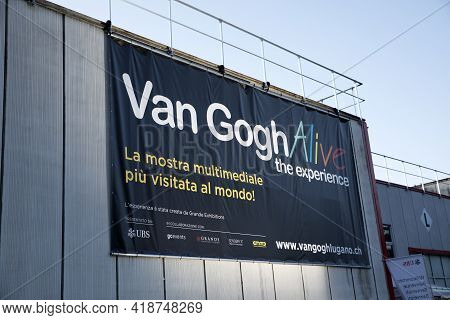 Lugano / Switzerland - December 21, 2019: Multimedia Exhibition Sign By Vincent Van Gogh, Lugano, Sw