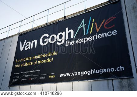Lugano / Switzerland - December 21, 2019: Multimedia Exhibition Sign By Vincent Van Gogh, Lugano, Sw