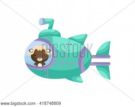 Cute Little Musk-ox Sail On Emerald Submarine. Cartoon Character For Childrens Book, Album, Baby Sho