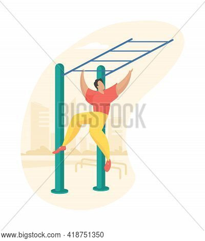 Outdoor Fitness Equipment Flat Illustration. Male Cartoon Character Doing Workout Exercise Using Mon