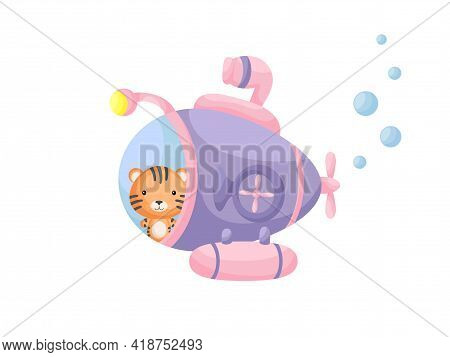 Cute Little Tiger Sail On Violet Submarine. Cartoon Character For Childrens Book, Album, Baby Shower