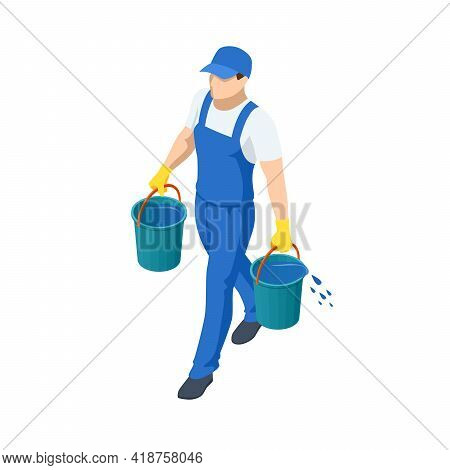 Agricultural Work. Isometric Farmer Carries Two Buckets Of Water To Water The Plants. Farming Activi