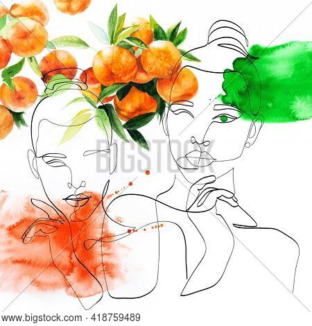 Girls portrait, continuous line style drawing with watercolor paintig of tangerines  and abstract blots. Fashion design, illustration for t-shirt, prints, covers, posters