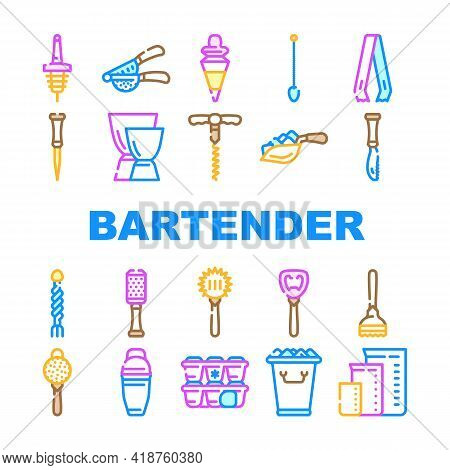 Bartender Accessory Collection Icons Set Vector. Bar Spoon And Grater, Juicer And Ice Breaker, Cockt