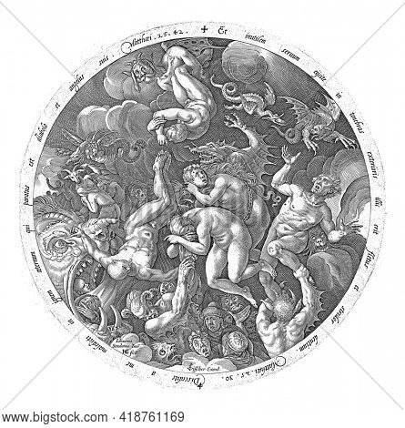 Round representation of the arrival of the accursed in hell. Devilish beings pull souls down. To depict biblical texts in Latin.