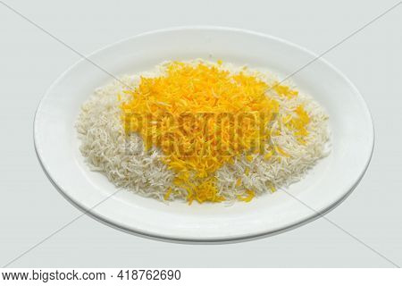 Steamed Yellow And White Rice Served In White Ceramic Plate, Steamed Yellow Rice And White Rice, Bea