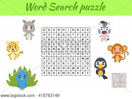 Game Template Word Search Puzzle Of Animals For Children With Pictures. Kids Activity Worksheet Prin