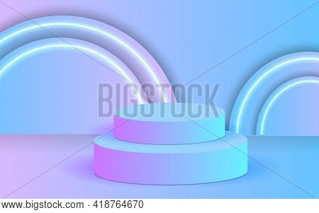 Realistic Halographic Podium On A Bright Background. Elegant Halographic Stage With Empty Cylindrica