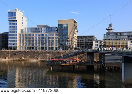 Dusseldorf, Germany - September 19, 2020: People Visit Hafen District In Dusseldorf, Germany. The Fo