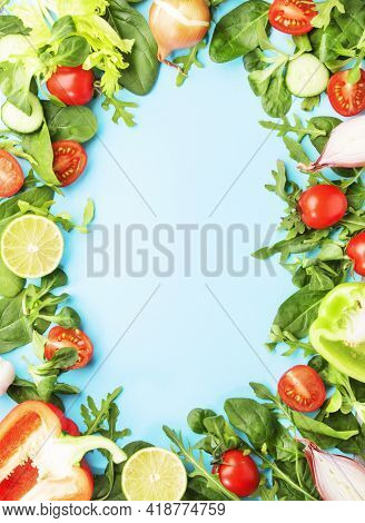 Healthy Food Frane With Various Green Herbs And Vegetables. Ingredients For Cooking Salad. Vegetaria