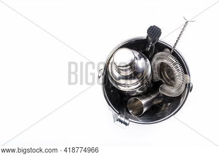 Steel Bar Tools And Accessories For Making Cocktail. Shaker, Jigger, Strainer, Spoon, Tongs, Muddler