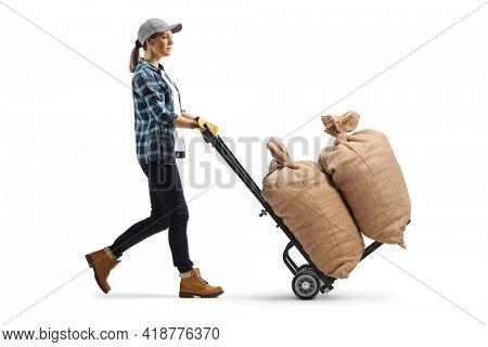 Full length profile shot of a female farmer pushing a hand truck with burlap sacks isolated on white background