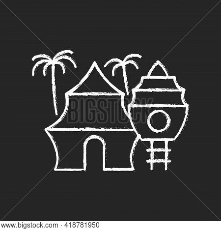 Nomadic Resort Chalk White Icon On Black Background. Hotel In Tropical Area. Hostel On Beach. Recrea