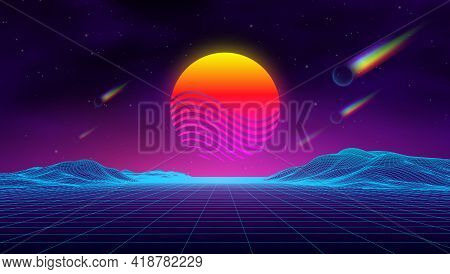 Synth Wave Retro City Landscape Background Sunset 3d Landscape With Rainbow Comets. Futuristic Lands