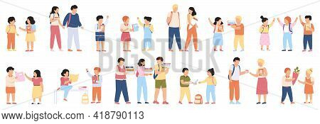 School Students Groups. Elementary School Pupils And Students With Backpacks Going To School Togethe