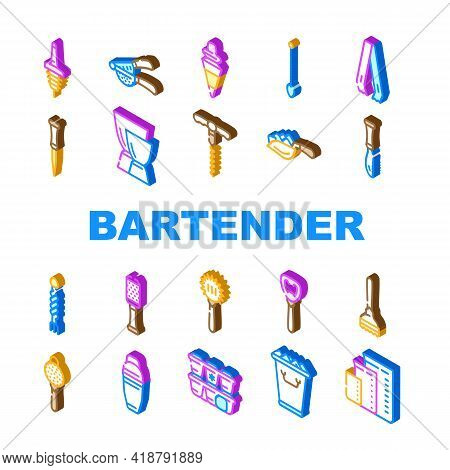 Bartender Accessory Collection Icons Set Vector. Bar Spoon And Grater, Juicer And Ice Breaker, Cockt
