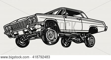 Custom Lowrider Retro Car Vintage Concept In Black And White Colors Isolated Vector Illustration