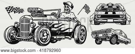 Powerful Retro Custom Cars Vintage Concept With Skeleton In Baseball Cap Driving Hot Rod Lowrider An