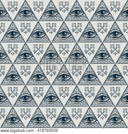 Seamless Pattern With All-seeing Eye Inside Triangle Pyramid And Old Crossed Keys. Hand-drawn Vector
