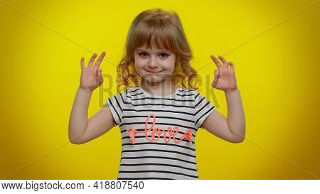 Keep Calm Down, Relax, Inner Balance. Child Kid Girl Breathes Deeply With Mudra Gesture, Eyes Closed