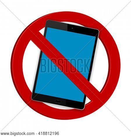 tablet computer stop red warning sign icon 3d illustration isolated on white background. Prohibited symbol.