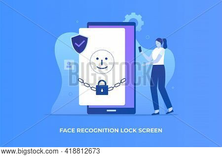 Face Recognition Lock Screen Illustration Concept. Illustration For Websites, Landing Pages, Mobile 