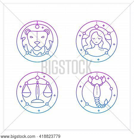 Zodiac Gradient Icons Set. Fourth Fire Signs In Zodiac. Birth Symbols. Leo, Virgo, Scorpio, Libra. M