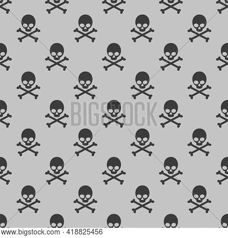 Seamless Pattern With Skulls And Bones On A Gray Background. Illustration For A Cover, A Poster Or A