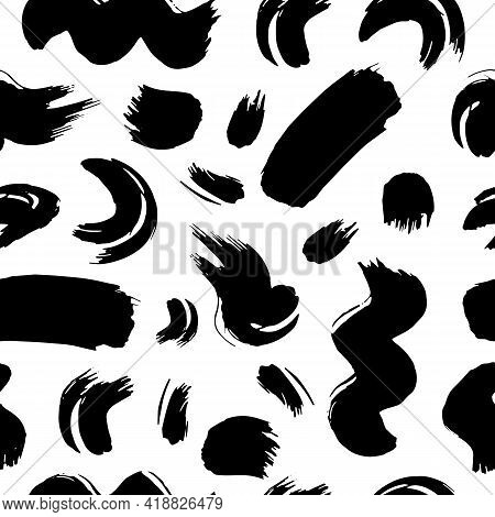 Vector Seamless Pattern With Hand Drawn Abstract Ink Brush Strokes. Illustration With Black Stains A