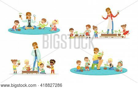Children Having Botany Lesson With Teacher Demonstrating Plant Vector Set