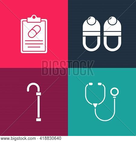 Set Pop Art Stethoscope, Walking Stick Cane, Slippers And Medical Prescription Icon. Vector