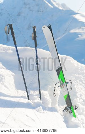 Kasprowy Wierch, Poland 28.01.2021 - Closeup Of Ski-boards And Ski Poles On A Snow-covered Landscape