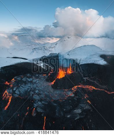 Aerial Panorama Of Active Lava River Flows From A Volcanic Eruption In Mount Fagradalsfjall Geldinga