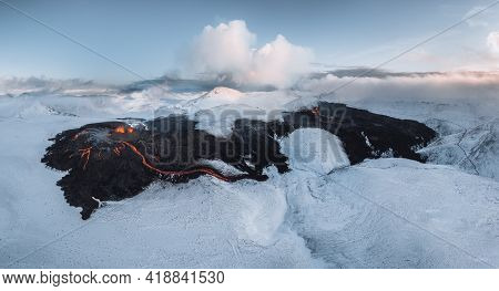 Aerial Panorama Of Active Lava River Flows From A Volcanic Eruption In Mount Fagradalsfjall Geldinga
