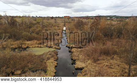 Marshland. Salt Marsh Fly-through. Panorama Of Marshland. The Wetland Was Photographed From A Height