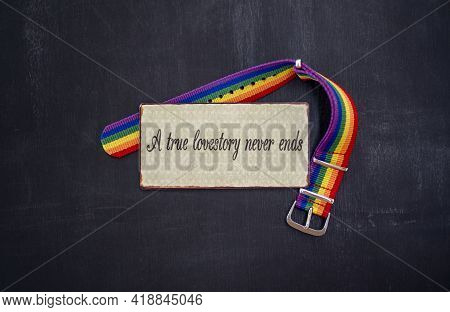 Lgbtqi Gay Pride Community Concept. Love Is Love. Multicolored Rainbow Flag Bracelet. Symbol Of Gay 