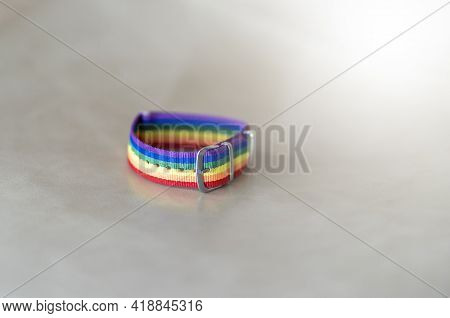 Lgbtqi Gay Pride Community Concept. Love Is Love. Multicolored Rainbow Flag Bracelet. Symbol Of Gay 