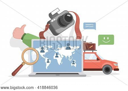 Planning Summer Vacation With Car Vector Flat Illustration. Organizing Touristic Journey On Rent Aut