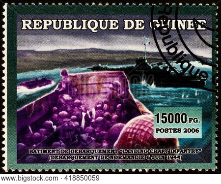 Moscow, Russia - April 27, 2021: Stamp Printed In Guinea, Shows Landing Of Normandy On June 06, 1944