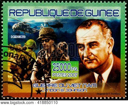 Moscow, Russia - April 27, 2021: Stamp Printed In Guinea, Shows Portrait Of American President Lyndo