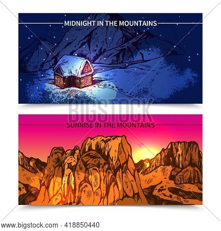 Sketch Style 2 Banners Presenting Winter Midnight In Mountains And Sunrise In Like Canyon Mountains 