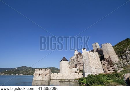 Golubac Fortress (golubacka Trvdjava, Or Goluback Grad) Seen From Dunav River. The Golubac Castle Wa