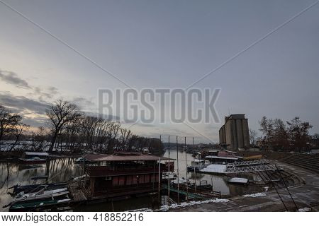 Pancevo, Serbia - December 23,2018: Panorama Of The Tamis River, On Pancevo Waterfront In The Center